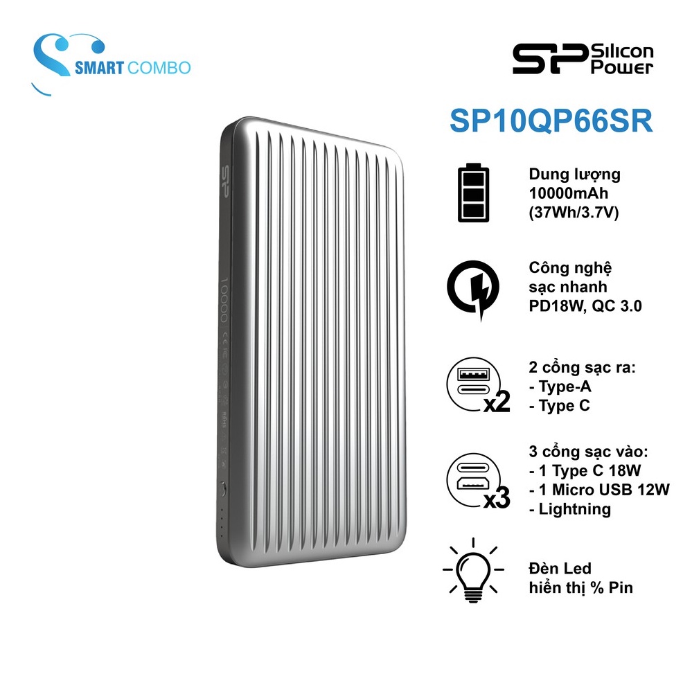 [Mã ELBAU150 giảm 8% đơn 500K] Pin sạc dự phòng Silicon Power - QP66 18W QC3.0 10.000mAh - Hàng chính hãng