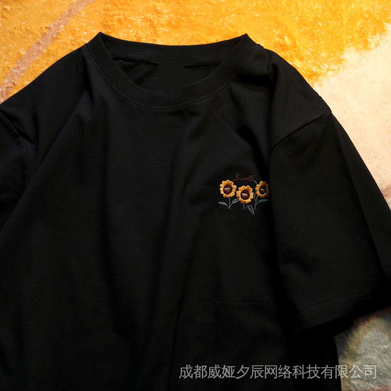 Áo Thun Cotton Dáng Rộng Ngắn Tay Thêu Hình Hoa Hướng Dương Thời Trang Hàn Quốc Hàng Mới 2022 Dành Cho Nam Và Nữ