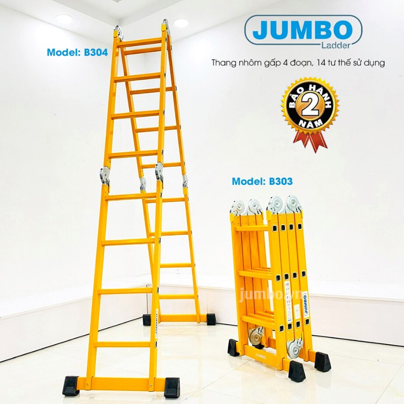 Thang nhôm gấp xếp 4 đoạn đa năng JUMBO B303-1.7m , B304-4.7m. 14 tư thế sử dụng, Nhôm dày cao cấp