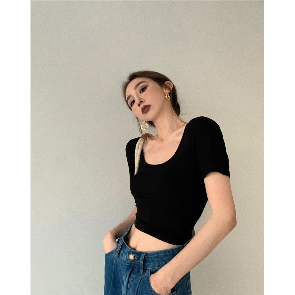 Cocory vn Áo thun tay ngắn thiết kế hở lưng gợi cảm