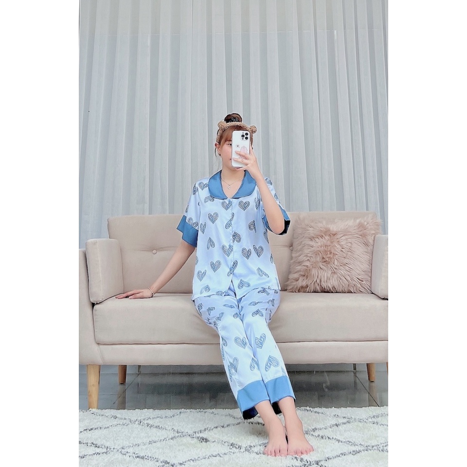 Đồ bộ nữ LỤA  LATIN pijama cao cấp mặc nhà quần dài áo cộc CỔ SEN dễ thương   BLU09
