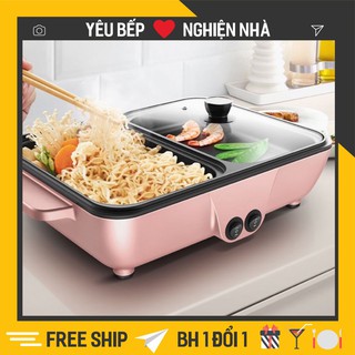 Nồi lẩu nướng 2 ngăn mini - Bếp điện đôi đa năng 2 trong 1 (BH 6 Tháng)