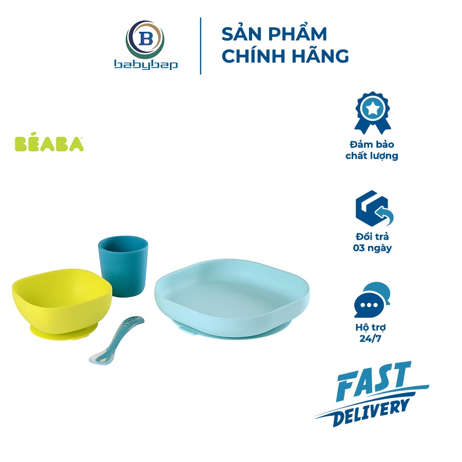 Bộ Ăn Dặm Silicone Đế Hít Không Đổ Béaba Không Đổi Màu, Không Bám Mùi