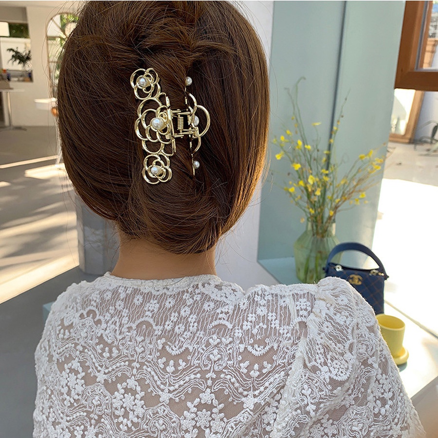 Kẹp tóc đuôi ngựa bằng kim loại hình hoa đính ngọc trai nhân tạo đơn giản phong cách Hàn Quốc