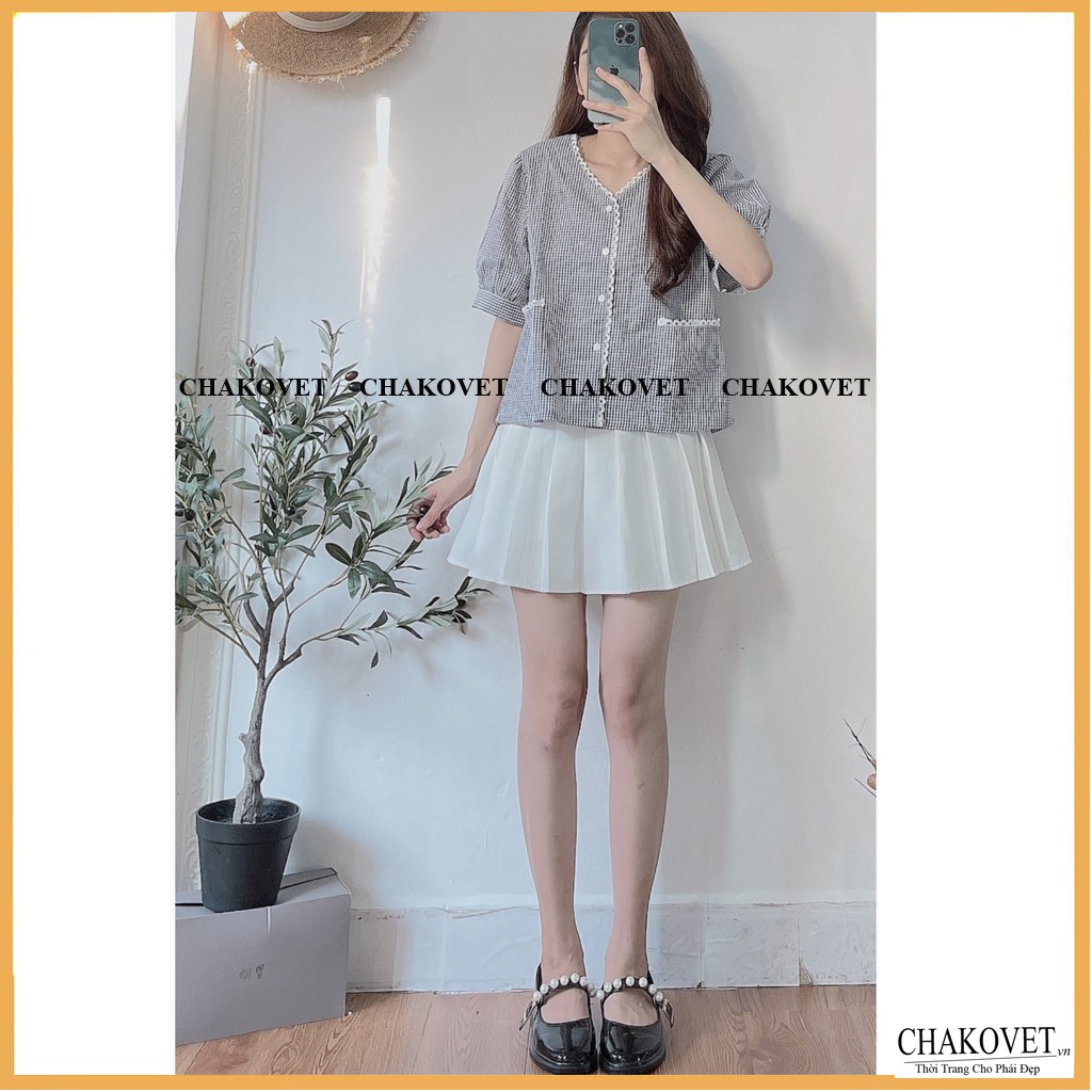 Áo sơ mi nữ ngắn tay đẹp kiểu kẻ CKA867, áo kiểu nữ cổ V viền ren 2 túi phong cách mới kiểu dáng hàn quốc Retro freesize | BigBuy360 - bigbuy360.vn