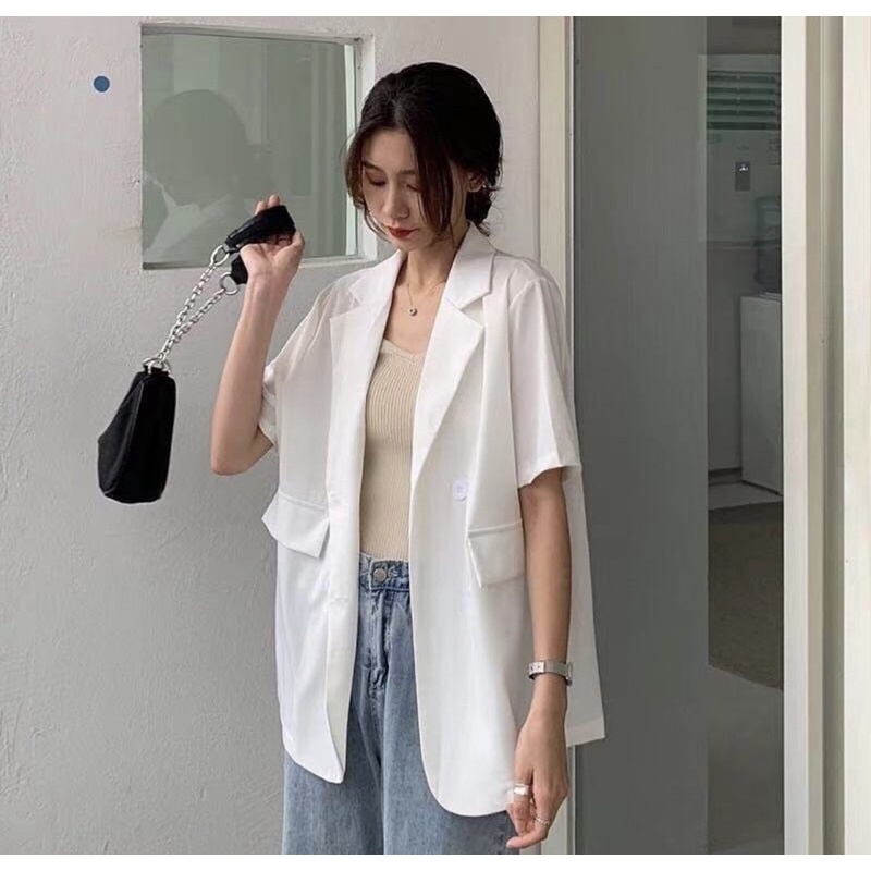 Áo blazer tay ngắn cổ vest 4 nút bọc nhiều màu freesize Pumi | BigBuy360 - bigbuy360.vn