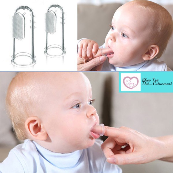 Rơ lưỡi xỏ ngón silicone siêu mềm kèm hộp đựng, Đánh răng silicon cho bé