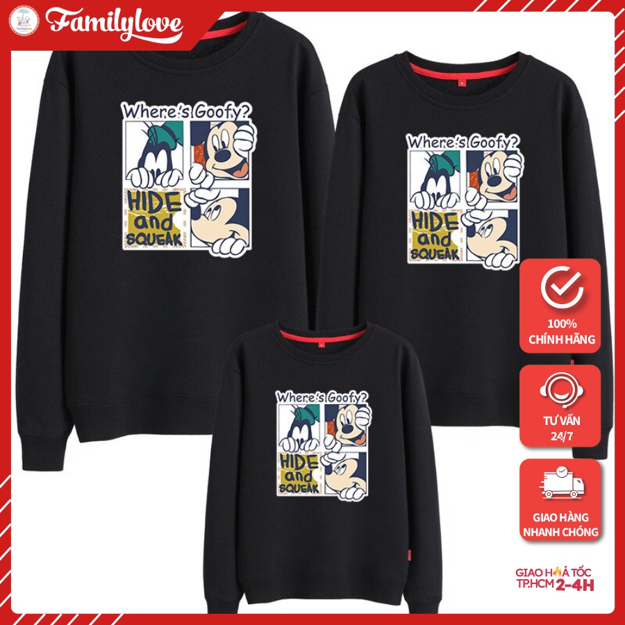 Áo Sweater Gia Đình Familylove-mẫu Áo Sweater Chuột Mickey,goofy Whrer's Goofy Hide And Squeak Chất Nỉ Da Cá Cotton 100%