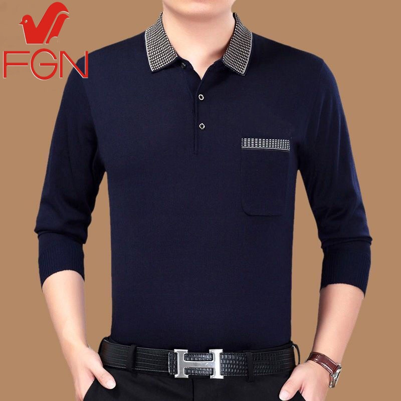 ♛̅Fuguiniao Áo thun cotton dài tay cổ bẻ màu trơn cỡ lớn thời trang xuân thu cho nam trung niên