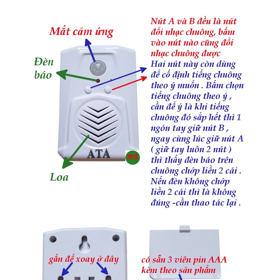 Chuông cảm ứng báo khách tự cài lời chào ATA AT-339- Hàng Chính Hãng