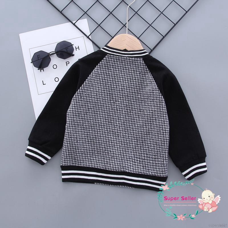 Áo khoác bóng chày vải cotton tay dài màu trơn thân áo kẻ ca rô điển thời trang dành cho bé trai