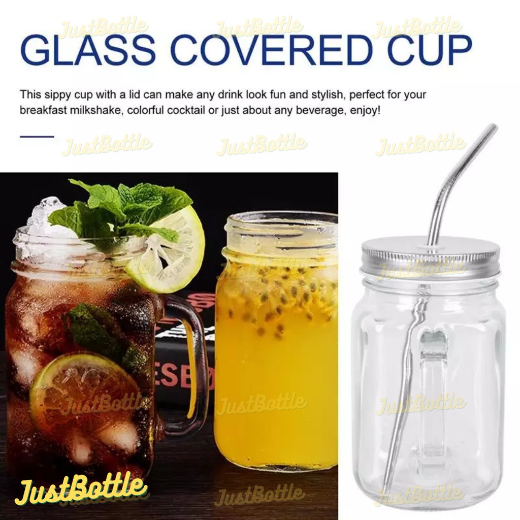 LY THỦY TINH CÓ QUAI có nắp đậy 470ml - Cốc uống trà sữa bia cafe hàng nhập khẩu