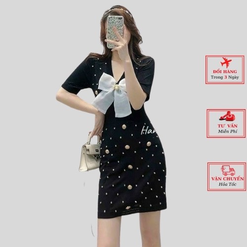 Váy đầm body len nữ ngắn tay nơ ngực đính đá siêu tôn dáng phong cách cá tính ulzzang Hàn Quốc