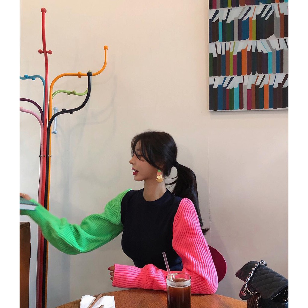 Áo Sweater Dệt Kim Tay Phồng Màu Sắc Cầu Vồng Phong Cách Hàn Quốc | BigBuy360 - bigbuy360.vn