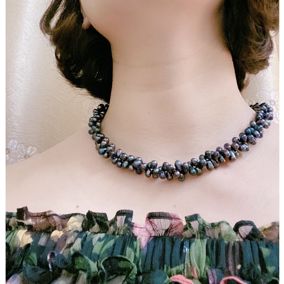 Vòng cổ chocker trai thật tự nhiên nước ngọt tết kiểu từ 2 dây trai đơn lẻ chung khóa hoa hồng