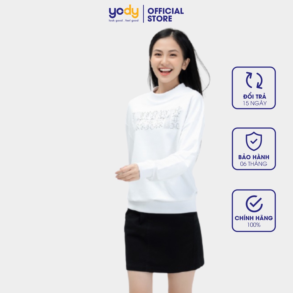 Áo nỉ nữ YODY cổ tròn in ngực dệt sợi chập không bai gião ATN4468