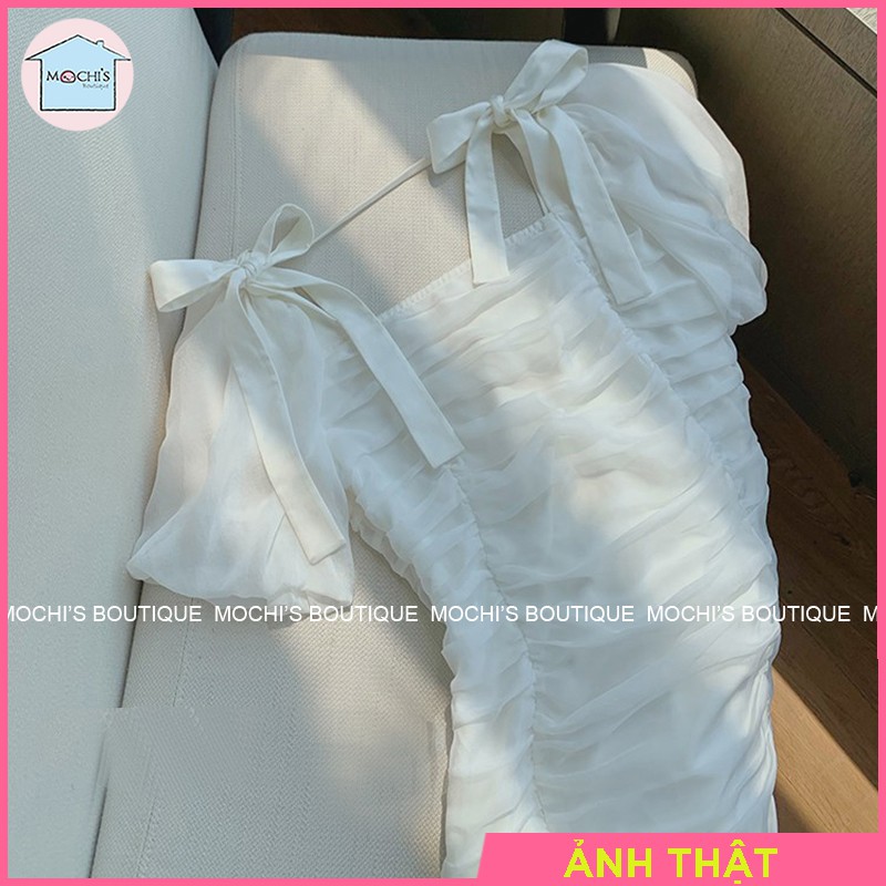 Đầm body dáng ngắn màu trắng nhún eo che khuyết điểm, mẫu váy đầm trắng cổ vuông tay phồng thắt nơ điệu đà-M065 | BigBuy360 - bigbuy360.vn