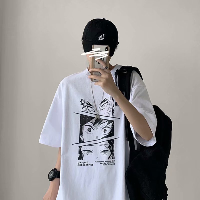 Áo thun tay ngắn dáng rộng in họa tiết hoạt hình phong cách Nhật Bản thời trang cho nam size M-5XL