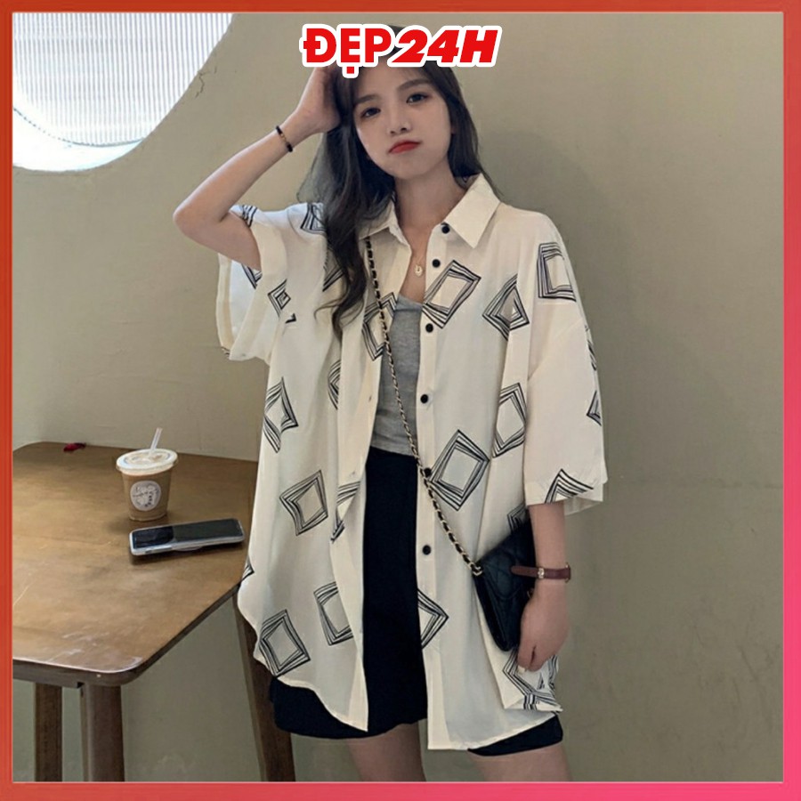Áo sơ mi nữ form rộng, tay lỡ, freesize, chất liệu Đũi mềm mát, sơ mi kiểu nữ mặc cặp, nhóm in 3D ô Đen Trắng