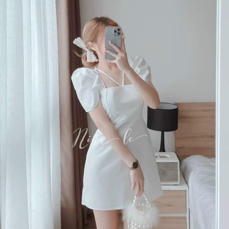 Đầm cổ vuông dây chéo tay phồng