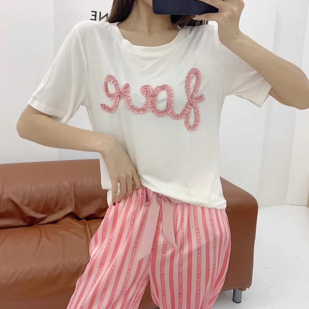 Bộ ngủ lụa Pizama quần dài áo cộc hoạ tiết chữ hàng cao cấp