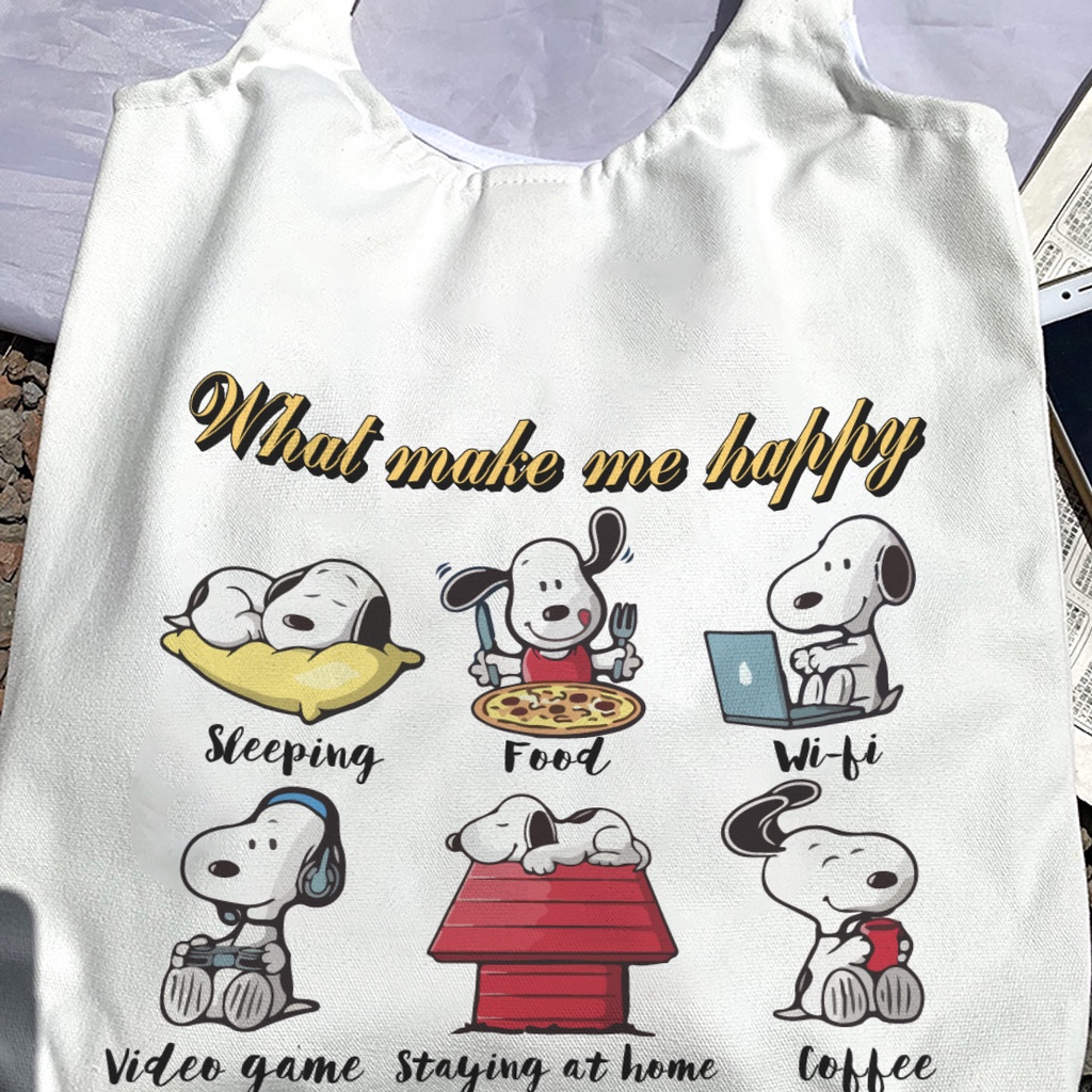 Túi vải Snoopy đẹp để vừa A4 tote canvas quai tròn có khóa miệng túi