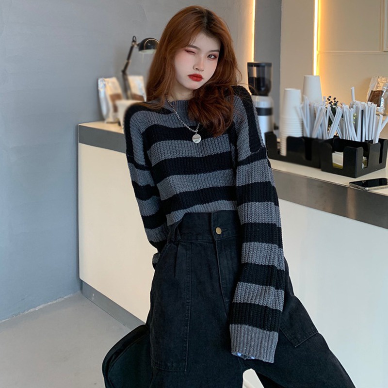 Áo Len Nữ Dài Tay Cổ Tròn Sọc Ngang Thời Trang Hàn