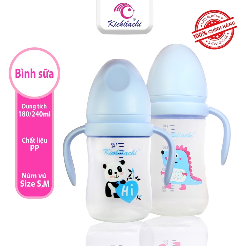 Bình sữa cổ rộng Kichilachi PP núm ty silicon siêu mềm, chống sặc và đầy hơi cho bé 180ml/240ml