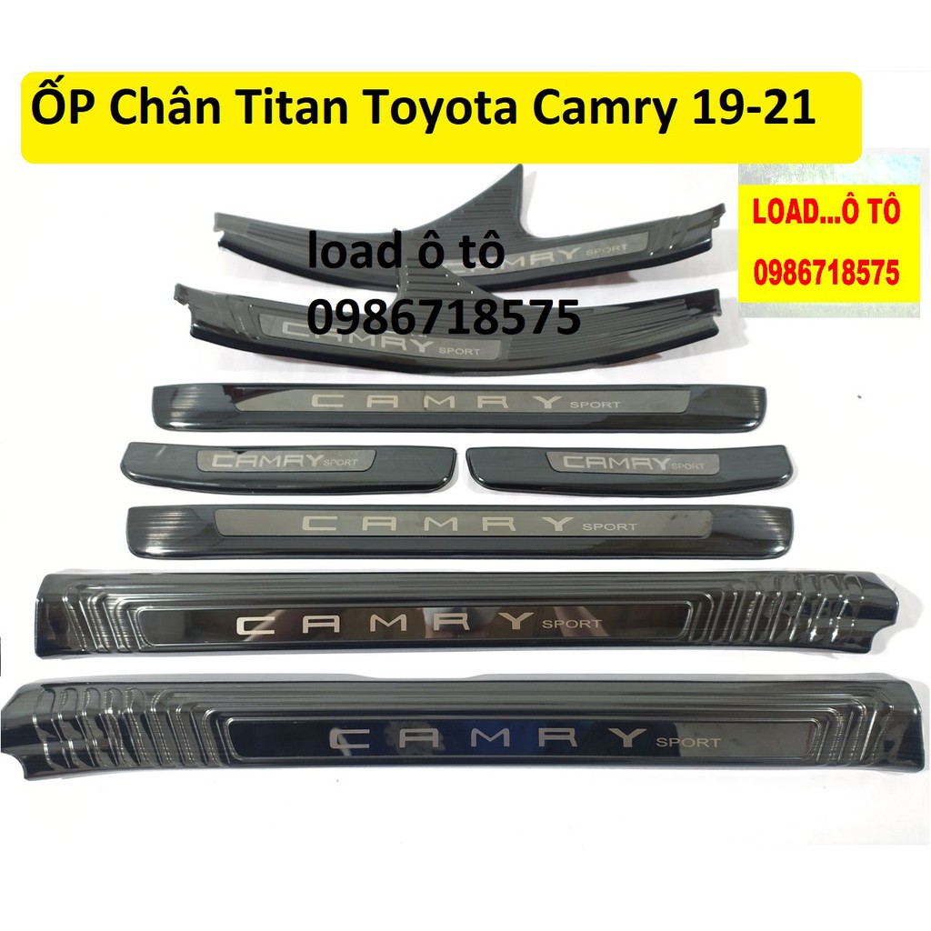 Ốp Bậc Cửa, Nẹp Bước Chân Trong, Ngoài Xe Toyota Camry 2022-2019 Chất Liệu Titan Cao Cấp, Chữ Bóng Camry