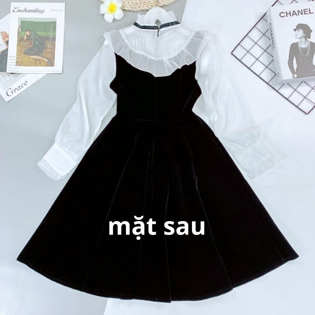 Váy nữ Thiết Kế xòe dài tay nơ cổ Đầm nhung dự tiệc sang chảnh HN clothing v23 | BigBuy360 - bigbuy360.vn