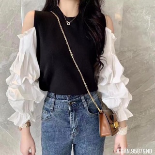 Áo thun gân hở vai tay somi bồng - TR