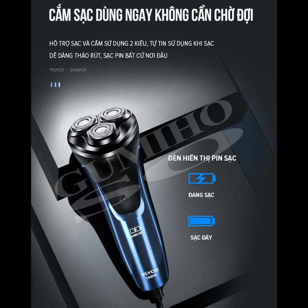 Máy Cạo Râu Đa Năng ✅ FreeShip ✅ Flyco FS197VN 3 Lưỡi Kép Thân Máy Kháng Nước Sạc Nhanh 1 Giờ Hàng Chính Hãng - Gumihos