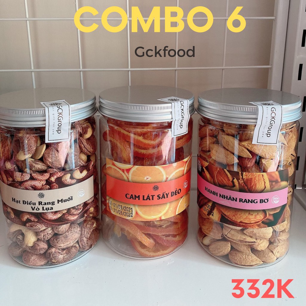 Combo 6 giảm 30%: Hạt điều vỏ lụa 450g, Hạt hạnh nhân rang bơ 400g, Cam lát sấy dẻo 400g