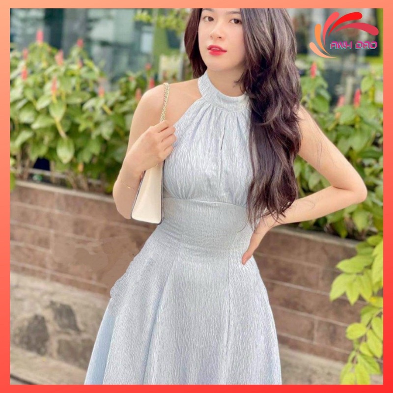 Váy đầm cổ yếm dự tiệc sang trọng xoè dập li có mút ngực chất gấm thanh màu xanh V168 full size AĐ BOUTIQUE