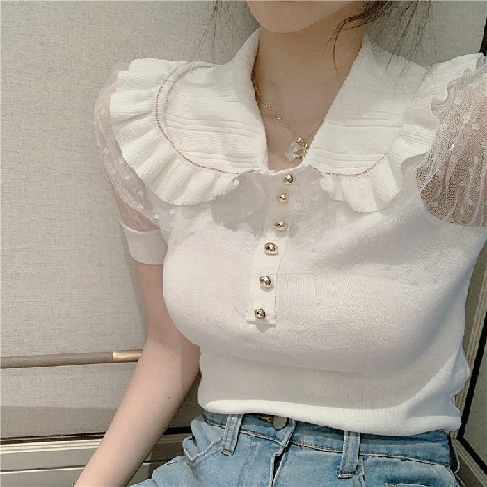 Áo thun ZHELIHANGFEI tay ngắn phồng cổ búp bê phối lưới thời trang mùa hè 2022 xinh xắn cho nữ