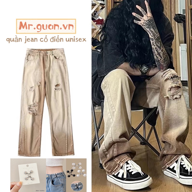Quần jean nam rách gối Quần Jean Ống Rộng Thời Trang Hàn Quốc Cho Nam Nữ quần jean nam ống đứng Unisex