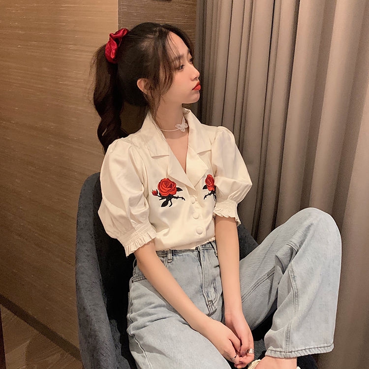 [Giao Hàng Miễn Phí] Áo Sơ Mi Tay Phồng Dài Nửa Tay 236598Áo Thời Trang Dáng Rộng Thêu Hình Hoa Hồng Kiểu Hàn Quốc Dễ Phối Đồ Cho Nữ