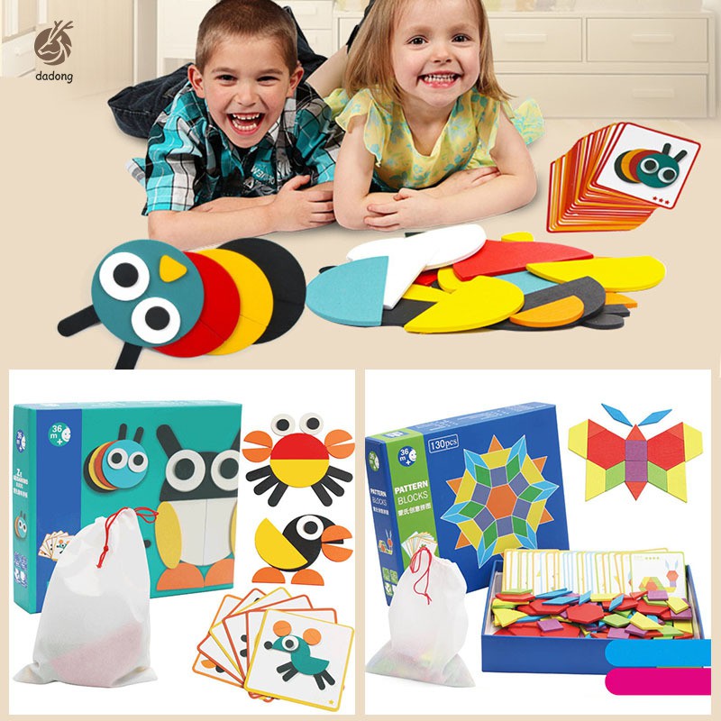 Wooden Pattern Blocks Puzzle Box Educational Toys Challenge IQ for Children Kids