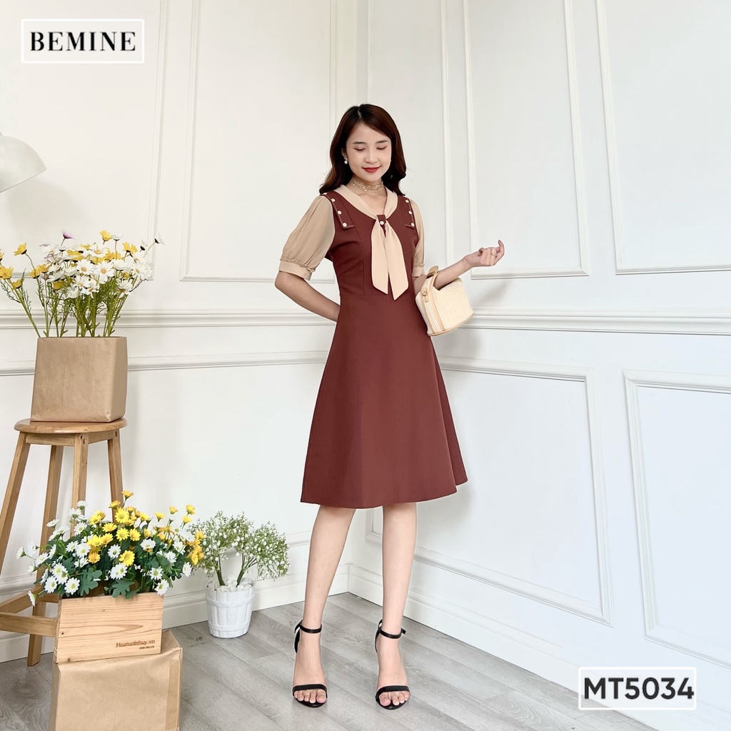 Đầm tay ngắn cổ phối nơ BEMINE MT5034NAU