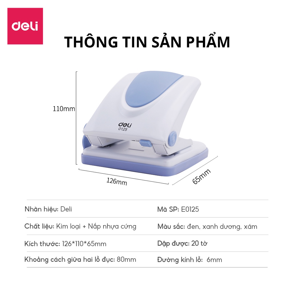 [LIFEMC02BPABAU -10% đơn 250K] Máy đục lỗ 20 tờ Deli Cao cấp - Màu Xám/Đen/Xanh Dương - 1 cái E0125