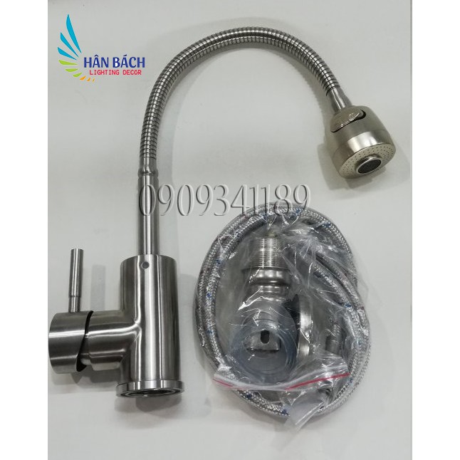 Vòi rửa chén nóng lạnh inox 304 bề mặt màu inox mờ cần lò xo dẻo uốn mềm 2 chế độ