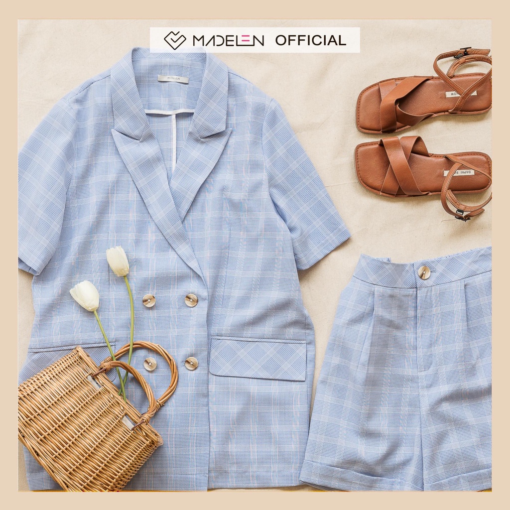Set blazer ngắn tay MADELEN màu kẻ xanh blue và be