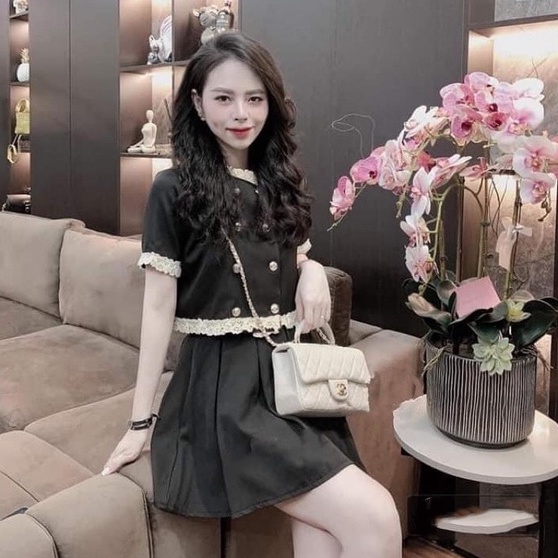 Set áo váy nữ Quảng Châu thiết kế phối viền ren siêu xinh, Set đồ nữ gồm áo sơ mi và chân váy xếp ly rẻ đẹp trẻ trung