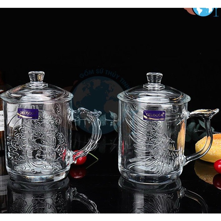 Ly thủy tinh quai cầm in hình rồng hoặc ly hình phụng có nắp thủy tinh cao cấp