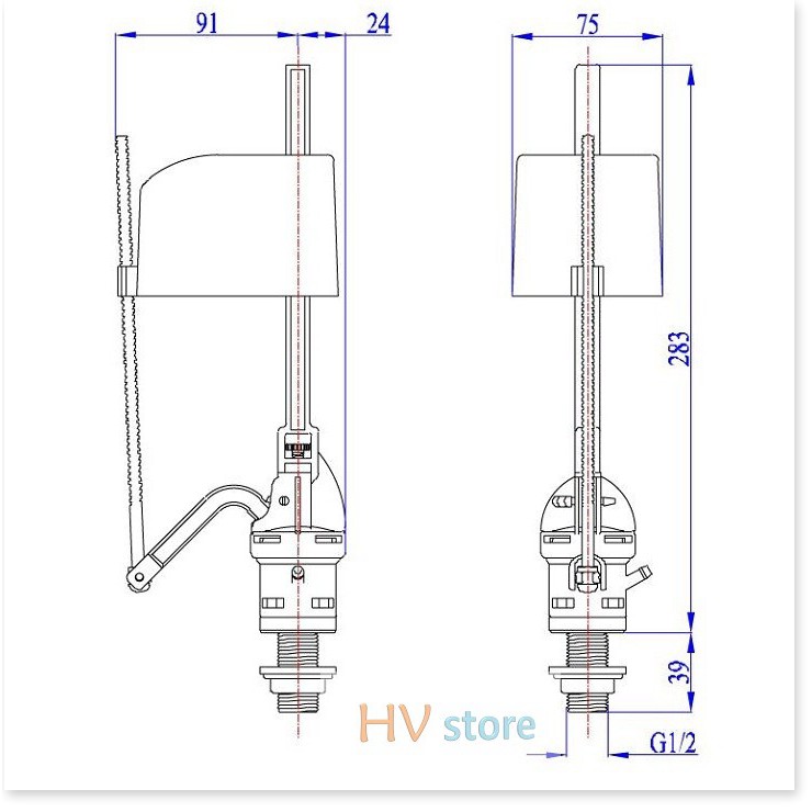 Bộ ruột thay thế cho bồn cầu nhấn liền khối, cọc xả cao 22cm