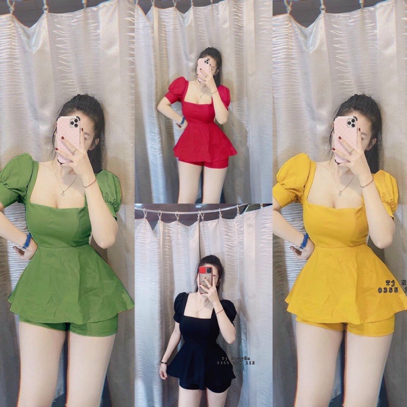 SET BỘ BIGSIZE: đồ bộ áo peplum quần đùi cạp chun 60-90kg size L-XL-XXL, màu: đen/đỏ/vàng