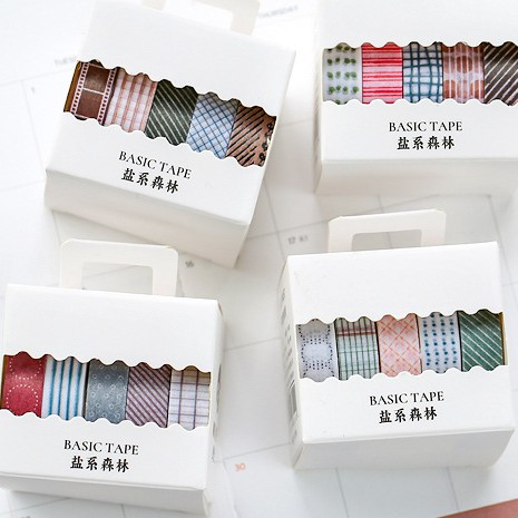 &lt;Ảnh Thật Shop Chụp&gt; Bộ 5 Băng Keo Dính Washi Tape Họa Tiết Basic Trang Trí Sổ Tay Nhật Kí Khay Đựng Bút Teeci636