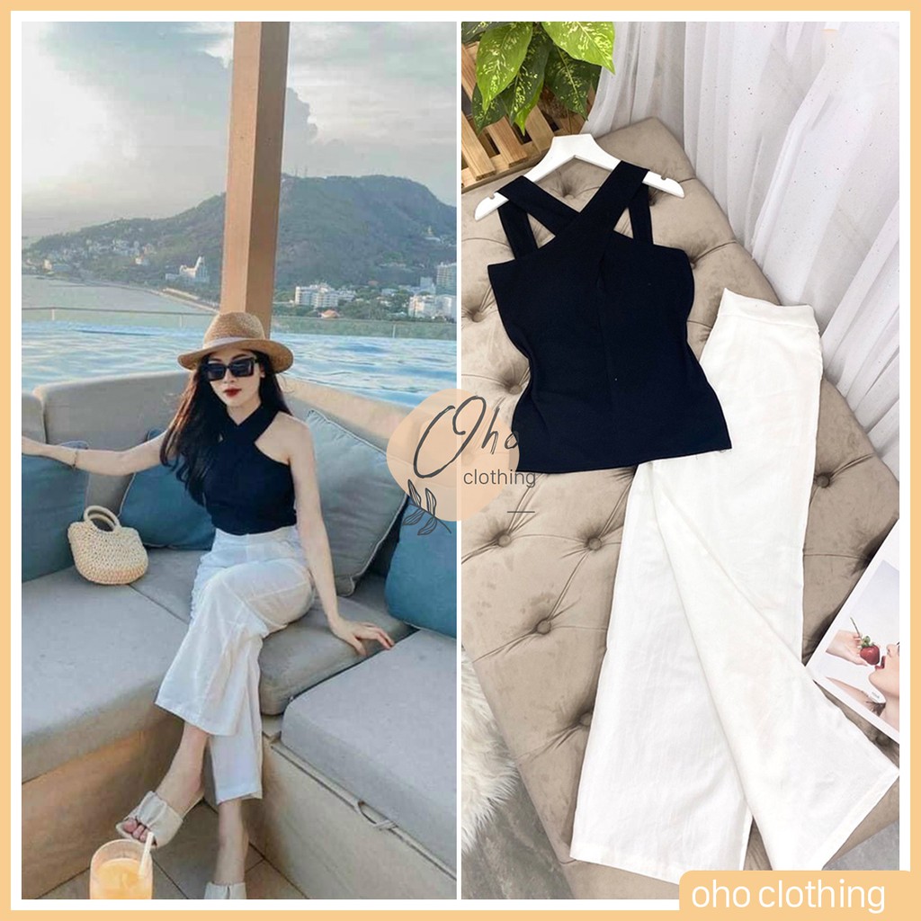 Set Đồ Nữ Cá Tính, Set Áo Cổ Chéo Mix Quần Đũi Suông - Thời Trang Nữ Dự Tiệc, Đi Dạo - Có Ảnh Thật - Oho Clothing