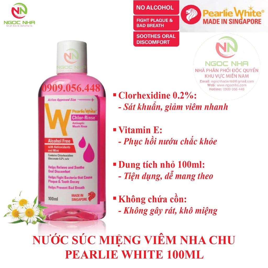 Nước súc miệng ngăn ngừa viêm nha chu, nhiệt miệng và chảy máu chân răng Pearlie White 100ml