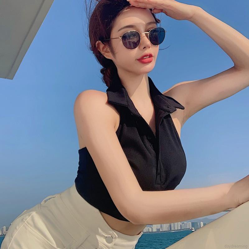 Áo kiểu croptop sát nách cổ bẻ ôm dáng vừa vặn thời trang mùa hè dành cho nữ